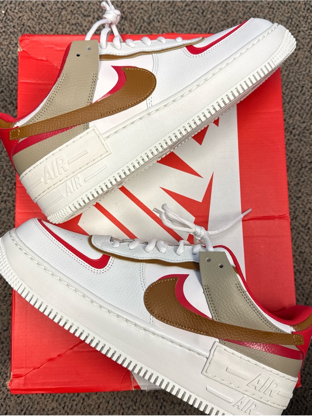 Nike Air Force 1 Low Shadow Phantom Red Khaki Sneakers White Red Brown Tan